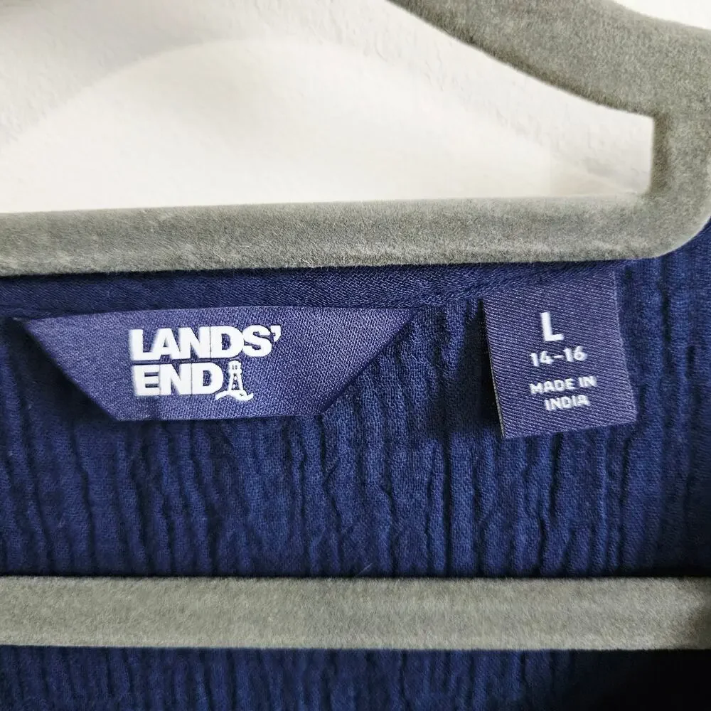 Lands End Women's Size L Swimsuit Cover Up Tunic Dress Blue 100% Cotton Crepe